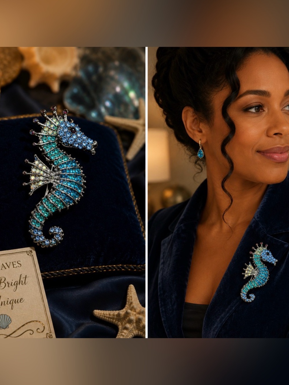 Seahorse Crystal Brooch - Blue and Teal
